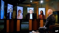 Democratic presidential candidate former Vice President Joe Biden leads a conversation on racial justice with Art Acevedo, Jamira Burley, Gwen Carr, Derrick Johnson and Lori Lightfoot at the Democratic National Convention Aug. 17, 2020.