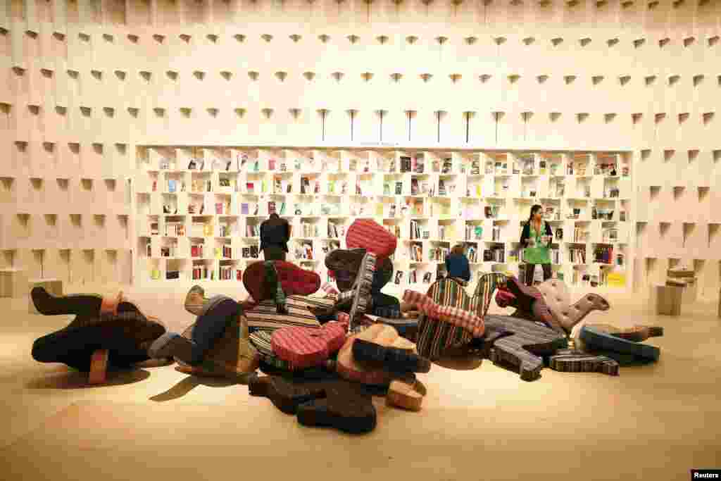 The Brazilian booth during a media presentation for the upcoming book fair in Frankfurt, Germany. 