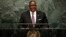 FILE - Malawi President Peter Mutharika, shown addressing the United Nations General Assembly in New York, Sept. 20, 2016, offered his country answers to its food shortage during a speech to the nation, Nov. 21, 2016.
