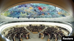 Overview of the session of the Human Rights Council during the speech of U.N. High Commissioner for Human Rights Michelle Bachelet at the United Nations in Geneva, Switzerland, February 27, 2020. Picture taken with a fisheye lens. REUTERS/Denis…
