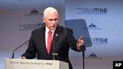 마이크 펜스 부통령이 16일 독일 뮌헨안보회의에서 연설을 하고 있다.