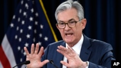 FILE - Federal Reserve Chairman Jerome Powell speaks during a news conference in Washington, Oct. 30, 2019.