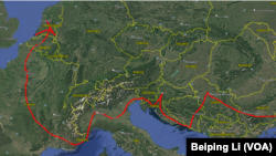 范士贵的欧洲走线路径示意图(由美国之音特约记者李北平制作)。