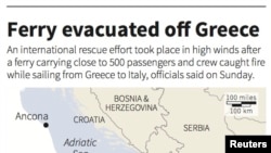 Peta yang menunjukkan lokasi Norman Atlantic, feri yang mengangkut lebih dari 400 penumpang yang terbakar di Laut Adriatik. 