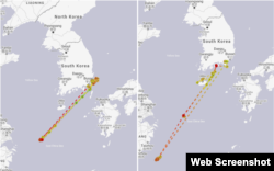 루니스 호의 지난해 4~5월 항적(왼쪽)과 6~7월 항적. 동중국해와 타이완 북부 해상에 며칠 간 머문 뒤 다시 한국으로 되돌아간 모습이 확인된다. 자료제공=MarineTraffic