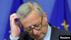欧盟委员会主席容克2015年7月1日在欧盟委员会位于布鲁塞尔的总部举行记者会。