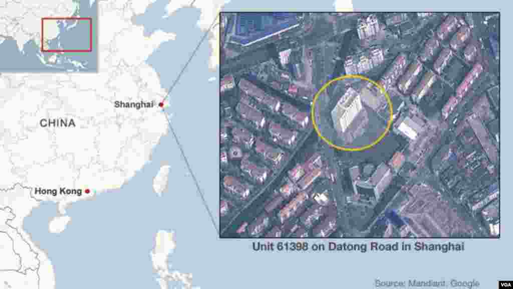 位于上海的被称为APT1的61398部队黑客总部的地图。
