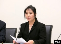 流亡美国的法轮功学员马春梅2016年5月26日在美国国会听证会作证 （马春梅提供）