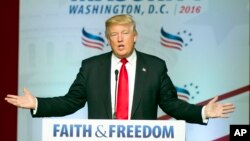Republican presidential candidate Donald Trump addresses the Faith and Freedom Coalition's Road to Majority Conference in Washington, D.C., June 10, 2016. 