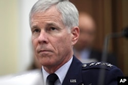 FILE - Gen. William Shelton, Commander, U.S. Air Force Space Command, testifies on Capitol Hill, Sept. 15, 2011.