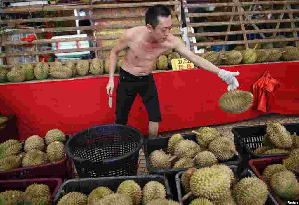 Seorang penjual durian melempar kembali durian ke dalam keranjang di kiosnya di Geylang, Singapura.
