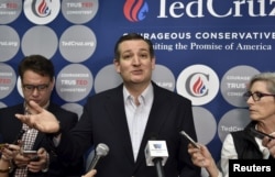 U.S. Republican presidential candidate Ted Cruz speaks with the media before a campaign rally in Las Vegas, Nevada, Feb. 22, 2016.
