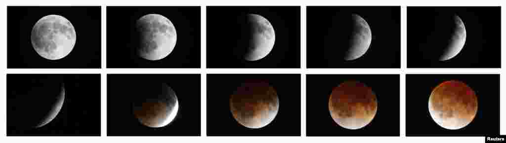 Kombinasi beberapa foto yang menunjukkan terjadinya gerhana bulan di Mexico City.