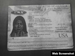 互联网上流传的朱文琦（音译）美国护照复印件。