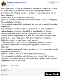 FB post u kojem lokalni premijer "odgovornima smatra aktiviste" a ne sebe