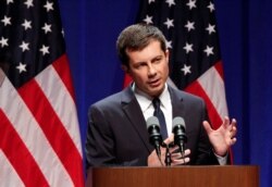 FILE - U.S. Democratic presidential candidate Mayor Pete Buttigieg delivers remarks on foreign policy and national security in Bloomington, Indiana.