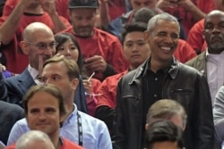 FILE - Former U.S. President Barack Obama smiles before game two of the 2019 NBA Finals between the Golden State Warriors and the Toronto Raptors at Scotiabank Arena, in Toronto, Canada, Jun 2, 2019. (Dan Hamilton-USA TODAY Sports)