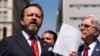 FILE - Sebastian Gorka, left, speaks during a press conference outside Manhattan criminal court on May 21, 2024, in New York. Gorka, now a senior U.S. counterterrorism official, said on Feb. 11, 2025, that the threat from jihadists is growing.