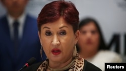 FILE - Guatemalan Attorney General Thelma Aldana participates in a news conference in Guatemala City, Guatemala, Aug. 28, 2017.