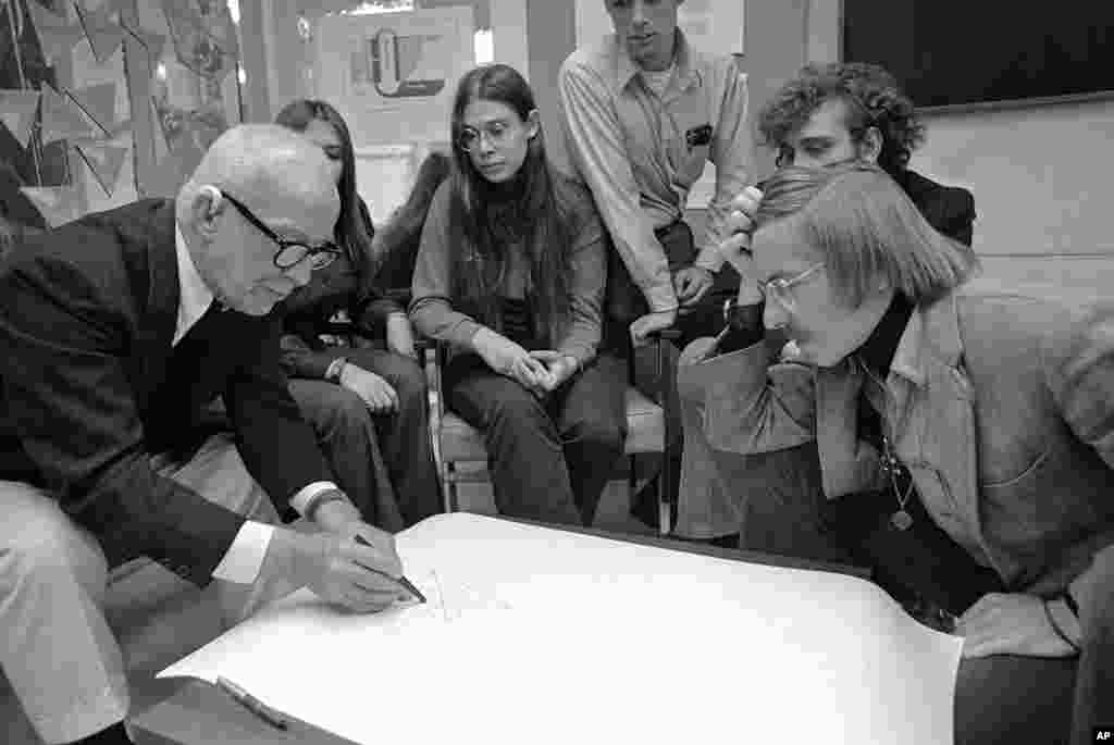 Buckminster Fuller is embarked on an educational project of cosmic significance: the World Game in his office at Carbondale, Illinois Feb. 3, 1971.