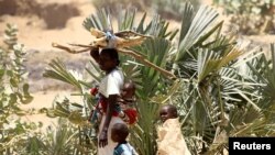 An internally displaced Sudanese woman carries her child and firewood as she walks alongside her other children within the Kalma camp for internally displaced persons (IDPs) in Darfur, April 25, 2019. 