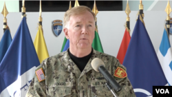 北约盟军联合作战司令部司令、美国海军欧洲-非洲战区司令弗格海军上将（James G. Foggo）2019年11月19日在科索沃发表讲话。