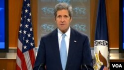 美国国务卿克里宣布两岸被豁免伊朗制裁条款(美国之音视频截图) Secretary Kerry announces China and Taiwan exempted from NDAA Iran Sanction (VOA Video) 