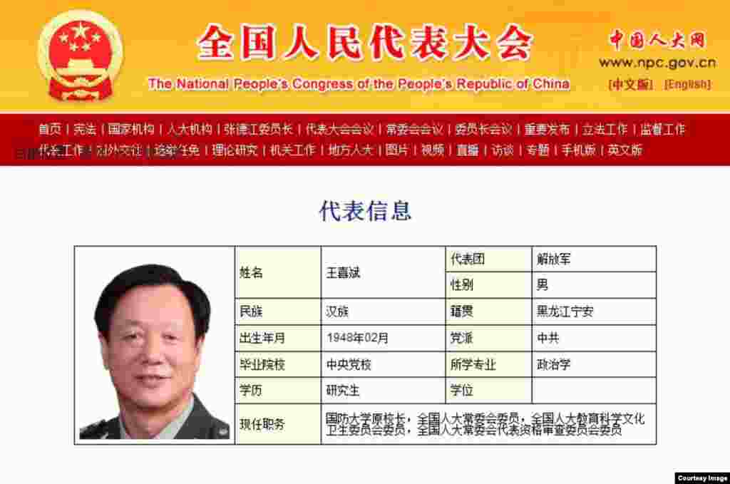过去王喜斌担任国防大学校长和人大职务时中国人大网上关于他的信息。2017年2月23日，中国人大常委会通过关于个别代表的报告，终止国防大学原校长王喜斌的人大代表资格。 报告显示，王喜斌因涉嫌职务犯罪，提出辞去人大职务。有报道说， 王喜斌是徐才厚、郭伯雄的人，他是前军委副主席徐才厚在位时提拔的将领，涉及政变。