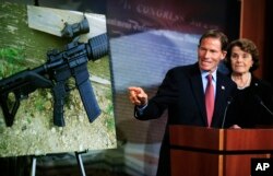 美国民主党籍参议员黛安娜·范斯坦 （右）和民主党籍参议员理查德·布鲁门萨尔在关于控枪法案的记者会上（2017年10月4日）。