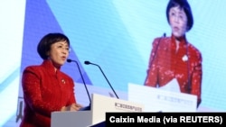 资料照：中国财新传媒创办人胡舒立在北京一个论坛上讲话。（2016年12月4日）