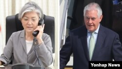 렉스 틸러슨 미국 국무부 장관(오른쪽)과 강경화 한국 외교부 장관이 22일 전화 통화를 갖고 다음주 열릴 미한 정상회담에 대해 협의했다.