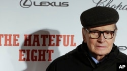 Composer Ennio Morricone arrives for the screening of the movie "The Hateful Eight," in Rome, Jan. 28, 2016.