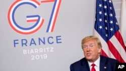Rais Donald Trump akiwa Ufaransa baada ya mkutano wa G7, Agosti 26, 2019. (AP Photo/Andrew Harnik)