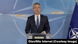 Le secrétaire général de l’Otan, Jens Stoltenberg, d'une conférence de presse, à Bruxelles, 14 avril 2018. (Otan/Site Internet)