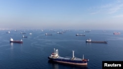 Commercial vessels including ships that are part of Black Sea grain deal wait to pass the Bosphorus strait off the shores of Yenikapi in Istanbul. (Reuters/Umit Bektas)