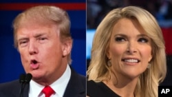미국 공화당의 도널드 트럼프 경선 후보(왼쪽)와 폭스 뉴스의 메긴 켈리 앵커. (자료사진)