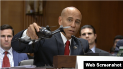 美国军事学者哈里·温戈（Harry Wingo）2019年6月18日在参议院听证会上展示法国产无人机模型