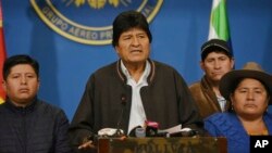 Bolivian President Evo Morales speaks from the presidential hangar in El Alto, Bolivia, Sunday, Nov. 10, 2019.