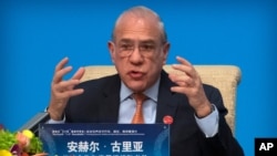 Organization for Economic Cooperation and Development (OECD) Secretary-General Angel Gurria speaks during a press conference for the the Fourth 1+6 Roundtable Dialogue at the Diaoyutai State Guesthouse in Beijing, Thursday, Nov. 21, 2019.