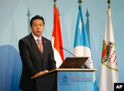 中华人民共和国公安部副部长孟宏伟2014年11月4日在摩纳哥举行的第83届国际刑警组织大会上致辞。