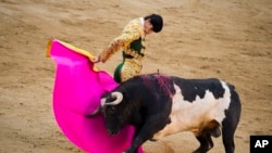 资料照：西班牙斗牛士在马德里的拉斯班塔斯斗牛场表演斗牛。 