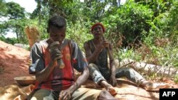 FILE - Young goldminers crush rocks to find gold dust on June 3, 2008 at the Kambele III site near the eastern Cameroonian town of Batouri.