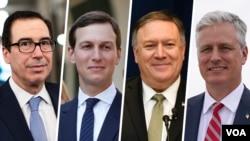 از راست: رابرت اوبرایان، ‌مایک پمپئو، جرد کوشنر و استیون منوشن، درباره این توافق اظهارنظر کرده‌اند. 