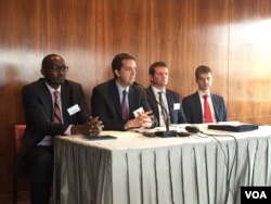 Control Risks staff (l-r) Patrick Matu, Nick Allan, Daniel Heal, and Paul Gabriel address media during "RiskMap 2016" report launch, Feb. 10, 2016 in Nairobi, Kenya. (J. Craig/VOA)