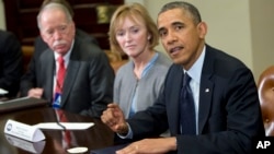 President Barack Obama makes a statement before the start of a meeting with representatives of health insurance companies, in the Roosevelt Room of the White House, in Washington, Nov. 15, 2013.