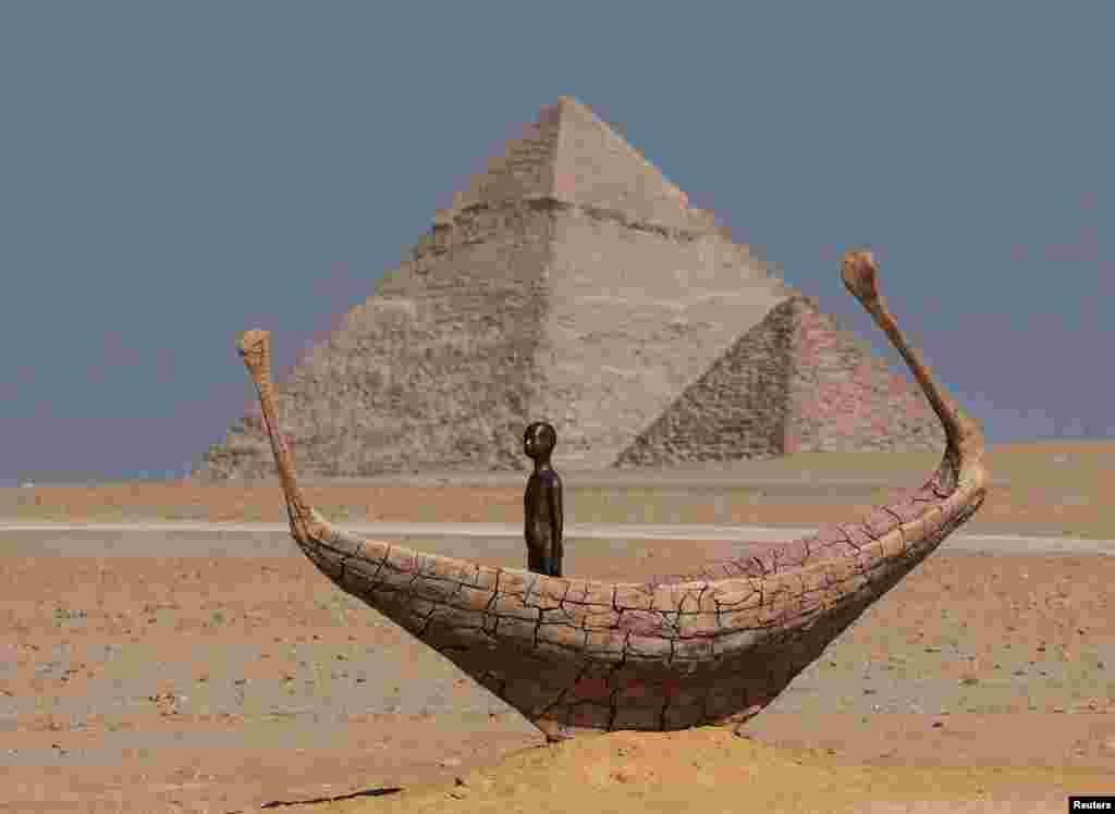 An art installation by visual artist Jean Marie Appriou titled &quot;Vessel of Time&quot; during the fourth edition of &quot;Forever is Now&quot;, an international art exhibition in Giza Pyramids, on the outskirts of Cairo, Egypt.
