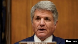 资料照片：共和党众议员麦考尔在众议院外交委员会的听证会上质询美国国务卿布林肯。(2021年3月10日) 