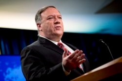 FILE - Secretary of State Mike Pompeo speaks at a news conference at the State Department in Washington, April 29, 2020.