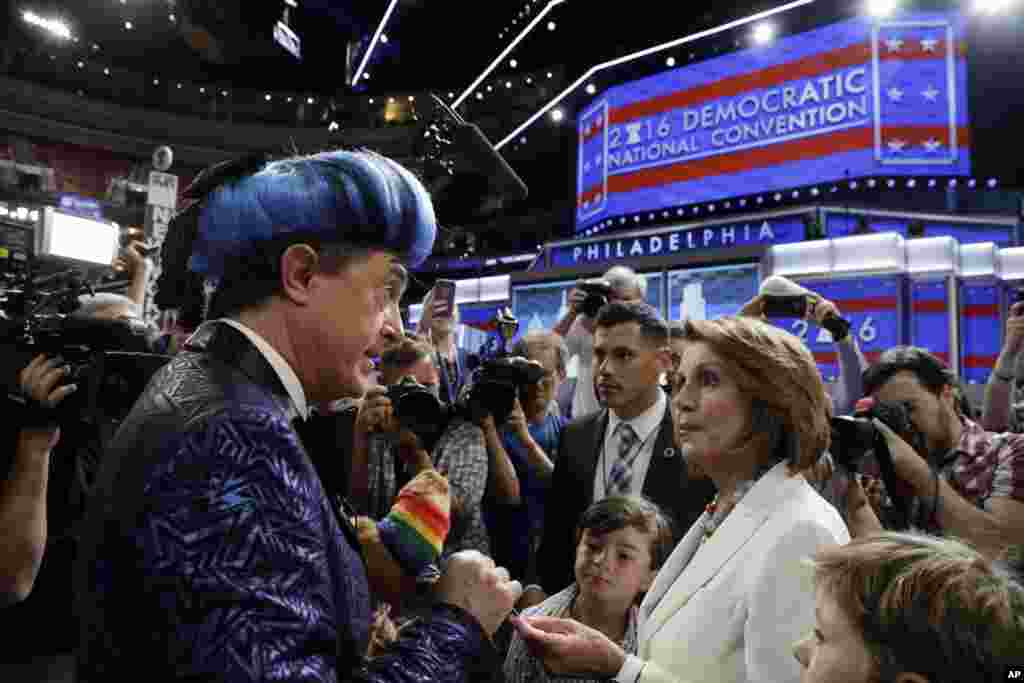 House Minority Leader Nancy Pelosi of Calif., meets with comedian Stephen Colbert ahead of the 2016 Democratic National Convention in Philadelphia, July 24, 2016.