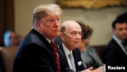 도널드 트럼프 미국 대통령이 12일 백악관에서 윌버 로스 미 상무장관 등 고위관리들과 내각회의를 하고 있다. 